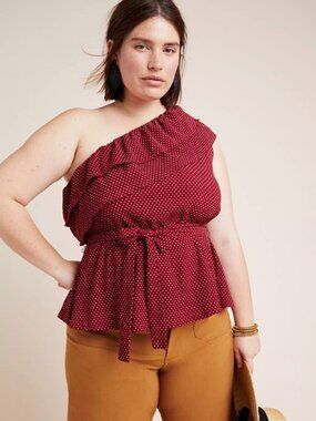 Maeve Red Polka Dot One Shoulder Ruffle Tie Waist Top Romantic Boho 3X